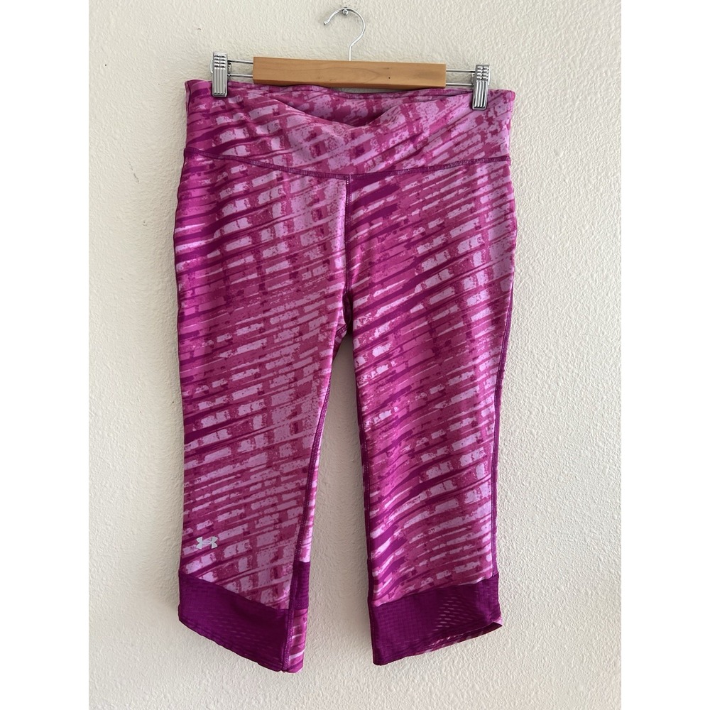 Under Armour HeatGear Compression Capri Crop Leggings L Pink Zip Pocket Sports